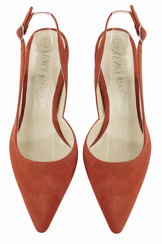 Terracotta orange women's slingback shoes. Pointed toe. Medium flare heels. Top view - Florence KOOIJMAN